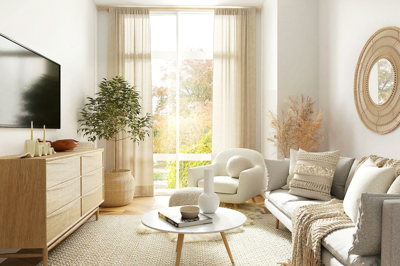 A tidy, sunlit shared living room with plants by the window